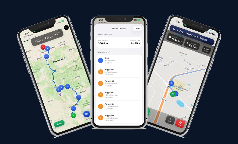 PermitPath app showing a permit route, waypoints, and turn-by-turn navigation